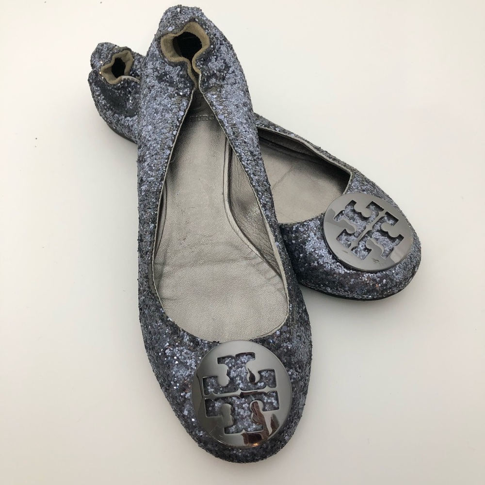 Tory Burch REVA pewter glitter ballet flats